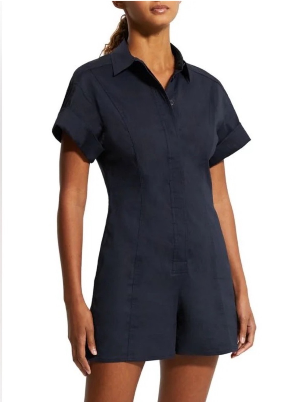 Theory Navy Short-Sleeve Good Linen Romper Concord Eco Crunch size 0 NWT